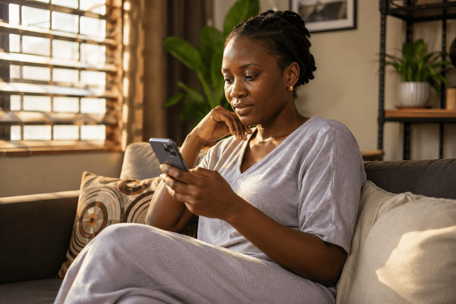 A woman sitting on a sofa, thoughtfully looking at her phone